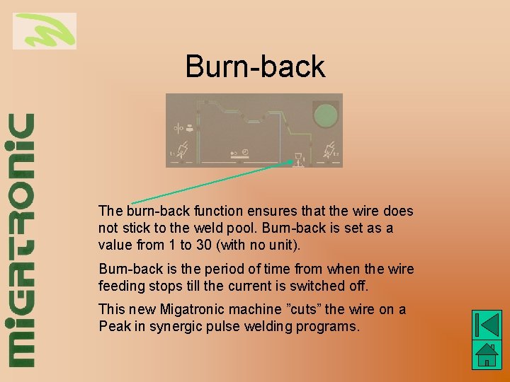Burn-back The burn-back function ensures that the wire does not stick to the weld
