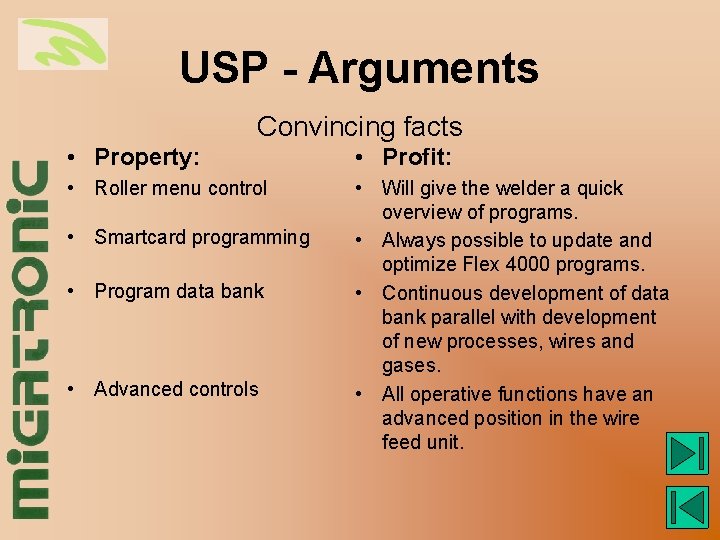 USP - Arguments Convincing facts • Property: • Profit: • Roller menu control •