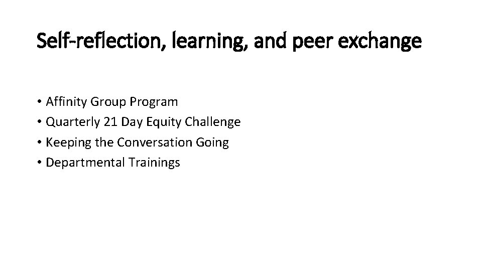 Self-reflection, learning, and peer exchange • Affinity Group Program • Quarterly 21 Day Equity