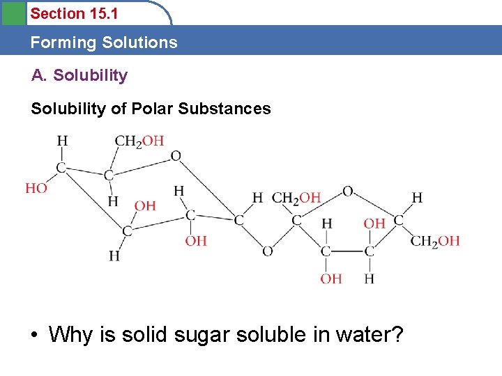 Section 15. 1 Forming Solutions A. Solubility of Polar Substances • Why is solid