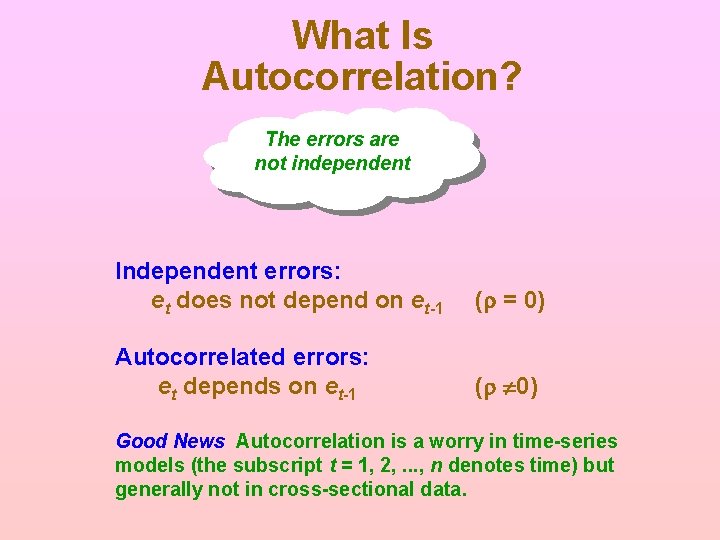 What Is Autocorrelation? The errors are not independent Independent errors: et does not depend What Is Autocorrelation? The errors are not independent Independent errors: et does not depend