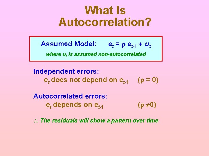 What Is Autocorrelation? Assumed Model: et = r et-1 + ut where ut is What Is Autocorrelation? Assumed Model: et = r et-1 + ut where ut is