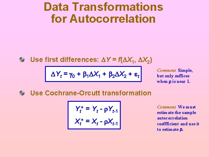 Data Transformations for Autocorrelation Use first differences: DY = f(DX 1, DX 2) DYt Data Transformations for Autocorrelation Use first differences: DY = f(DX 1, DX 2) DYt