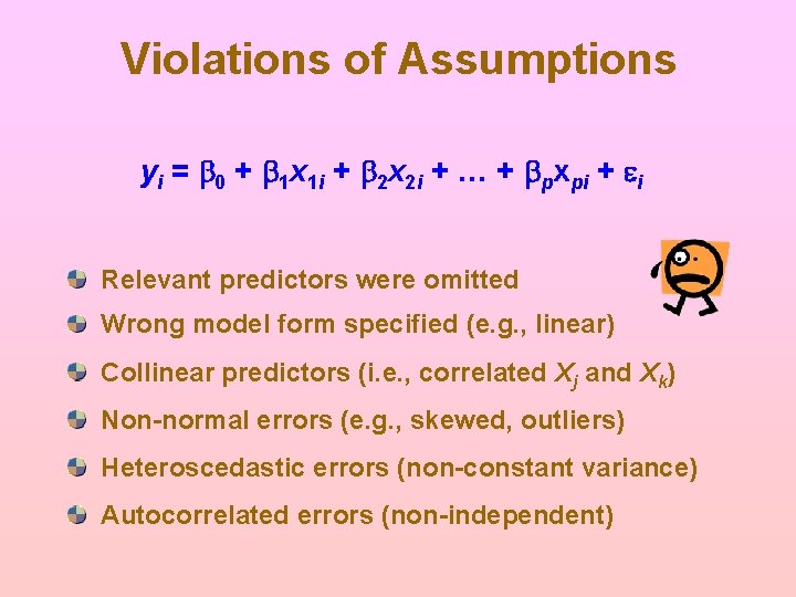 Violations of Assumptions yi = b 0 + b 1 x 1 i + Violations of Assumptions yi = b 0 + b 1 x 1 i +