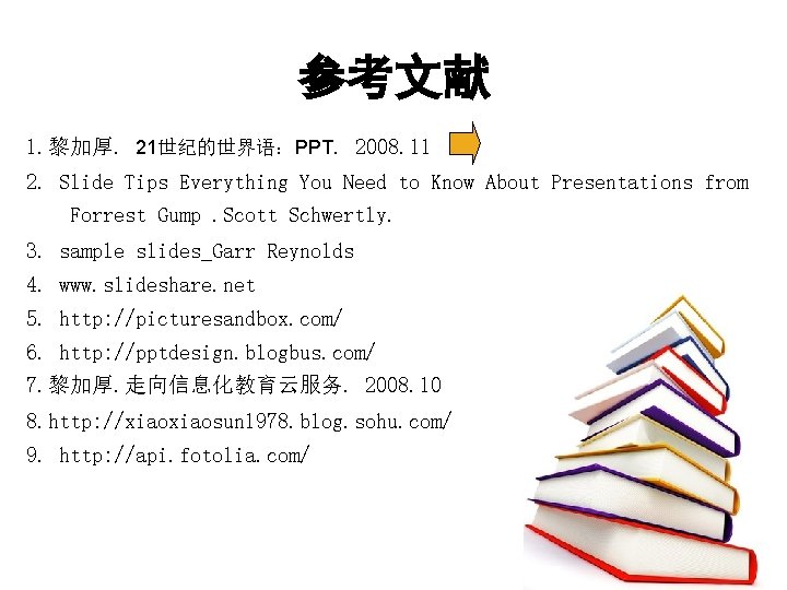 参考文献 1. 黎加厚. 21世纪的世界语：PPT. 2008. 11 2. Slide Tips Everything You Need to Know