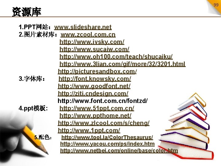 99 资源库 1. PPT网站：www. slideshare. net 2. 图片素材库：www. zcool. com. cn http: //www. ivsky.