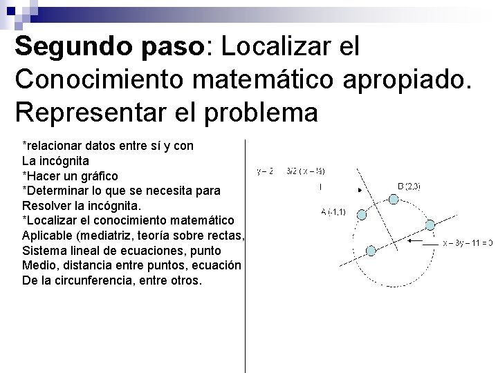 Segundo paso: Localizar el Conocimiento matemático apropiado. Representar el problema *relacionar datos entre sí