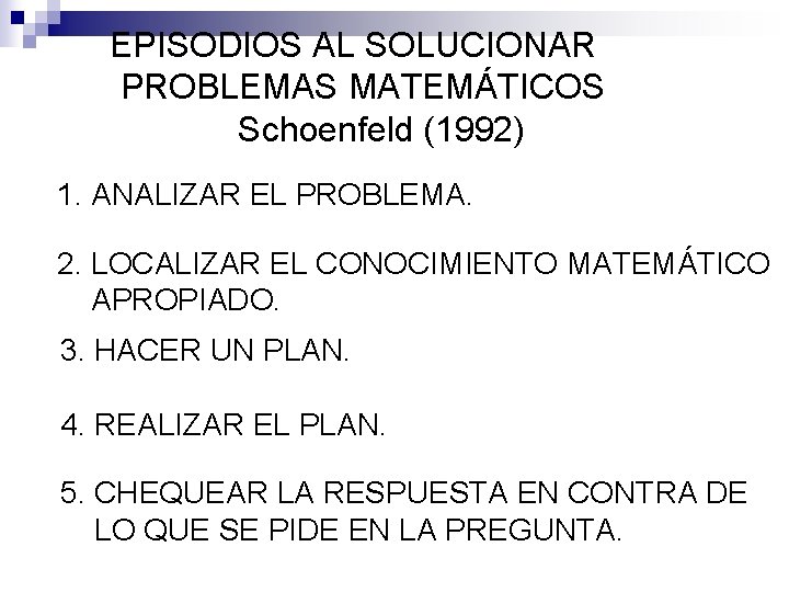 EPISODIOS AL SOLUCIONAR PROBLEMAS MATEMÁTICOS Schoenfeld (1992) 1. ANALIZAR EL PROBLEMA. 2. LOCALIZAR EL