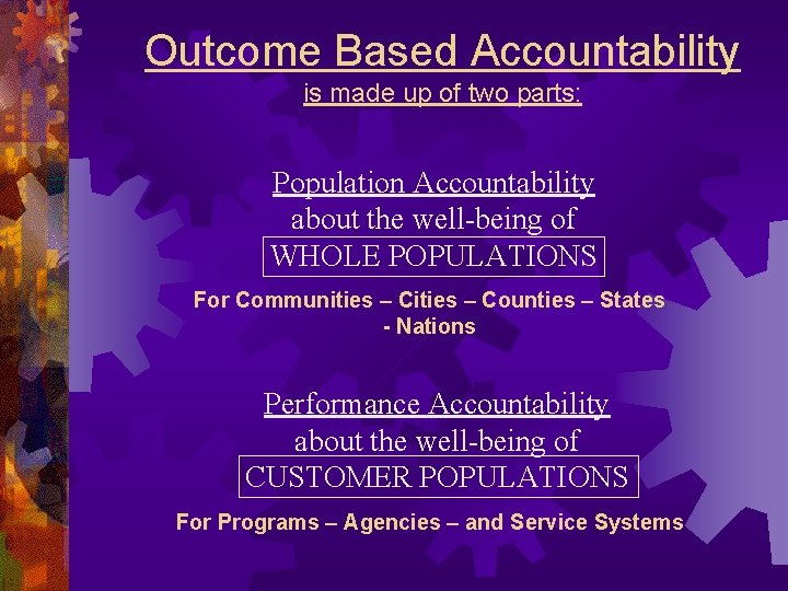 Outcome Based Accountability is made up of two parts: Population Accountability about the well-being