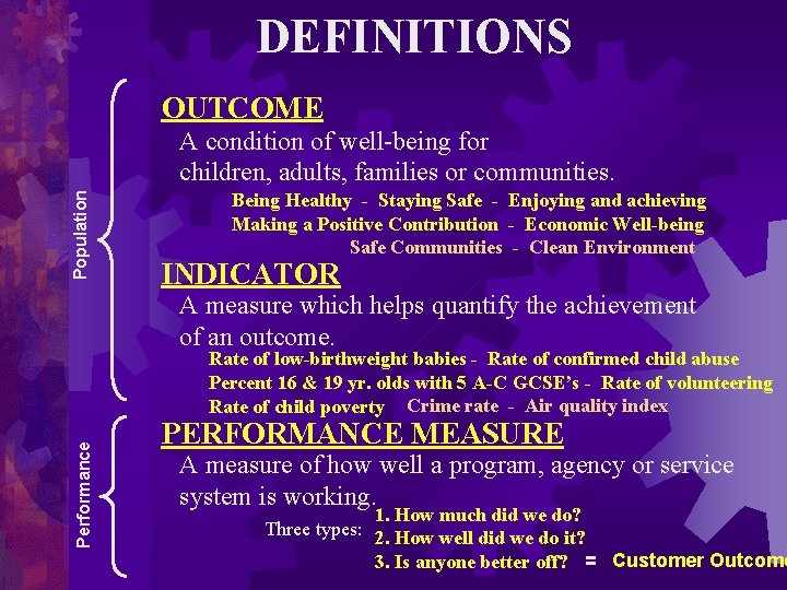 DEFINITIONS OUTCOME Population A condition of well-being for children, adults, families or communities. Being