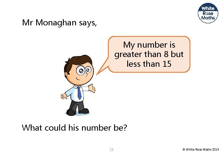 Mr Monaghan says, My number is greater than 8 but less than 15 What