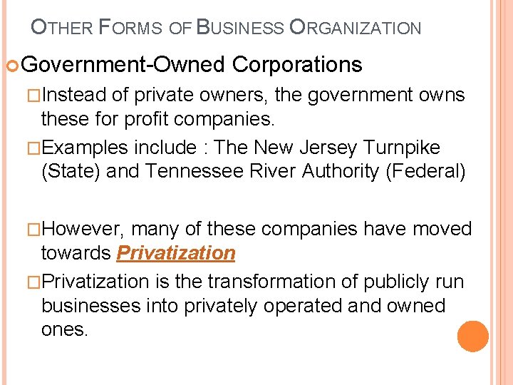 OTHER FORMS OF BUSINESS ORGANIZATION Government-Owned Corporations �Instead of private owners, the government owns