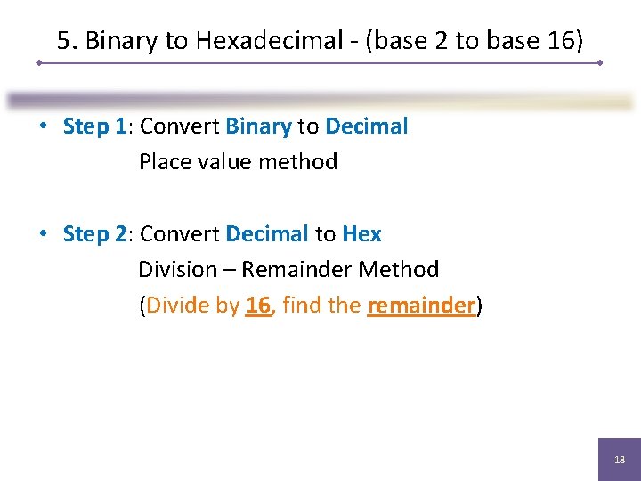 5. Binary to Hexadecimal - (base 2 to base 16) • Step 1: Convert