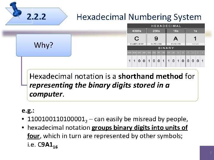 2. 2. 2 Hexadecimal Numbering System Why? Hexadecimal notation is a shorthand method for