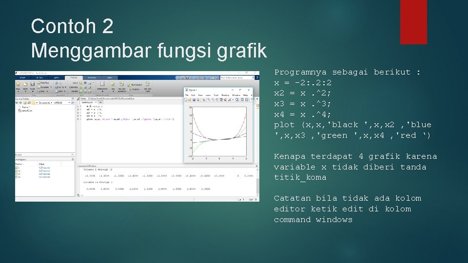 Contoh 2 Menggambar fungsi grafik Programnya sebagai berikut : x = -2: . 2: