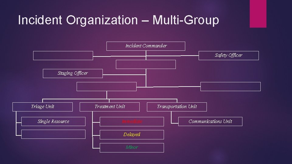 Incident Organization – Multi-Group Incident Commander Safety Officer Staging Officer Triage Unit Single Resource