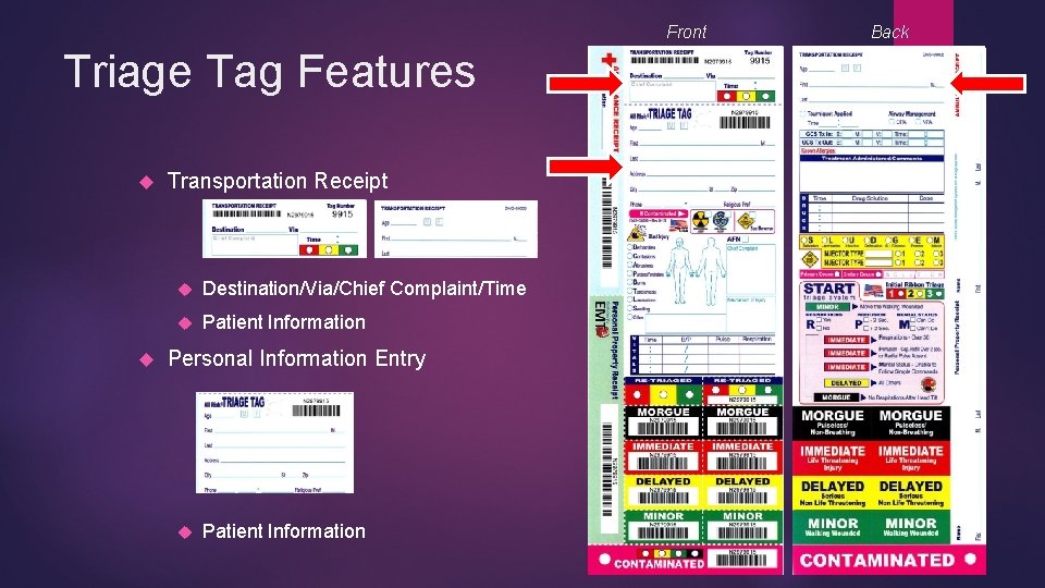 Front Triage Tag Features Transportation Receipt Destination/Via/Chief Complaint/Time Patient Information Personal Information Entry Patient