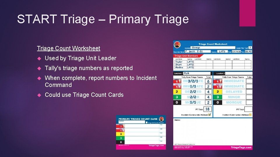 START Triage – Primary Triage Count Worksheet Used by Triage Unit Leader Tally's triage