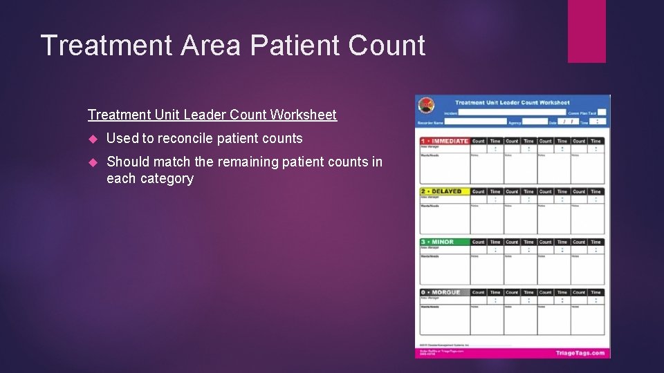 Treatment Area Patient Count Treatment Unit Leader Count Worksheet Used to reconcile patient counts