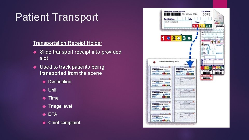 Patient Transportation Receipt Holder Slide transport receipt into provided slot Used to track patients