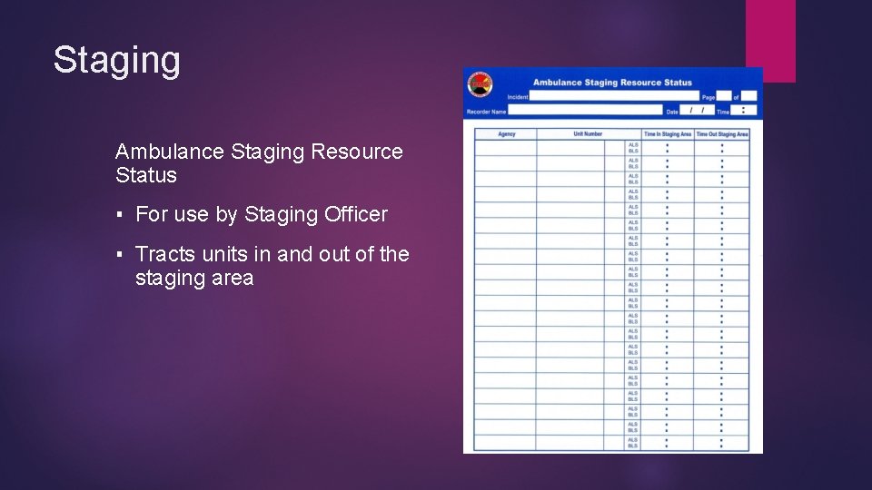 Staging Ambulance Staging Resource Status ▪ For use by Staging Officer ▪ Tracts units