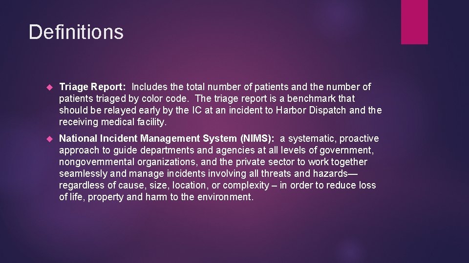 Definitions Triage Report: Includes the total number of patients and the number of patients
