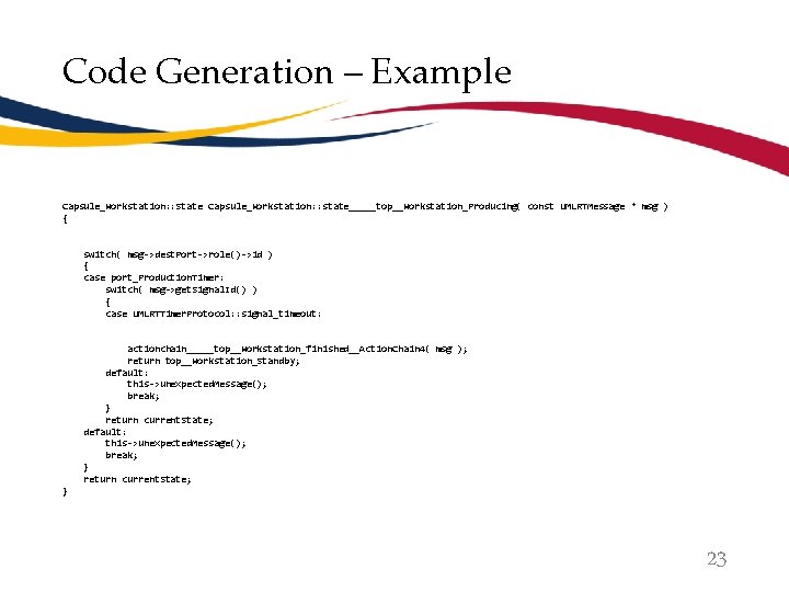 Code Generation – Example Capsule_Workstation: : State Capsule_Workstation: : state_____top__Workstation_Producing( const UMLRTMessage * msg
