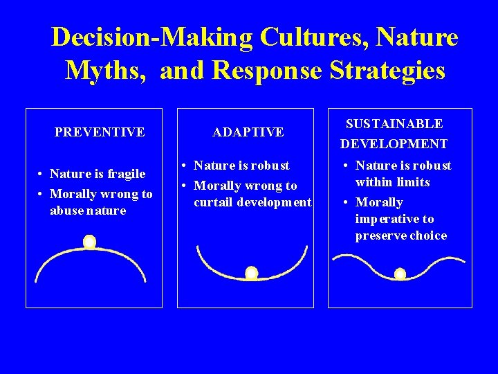 Decision-Making Cultures, Nature Myths, and Response Strategies PREVENTIVE • Nature is fragile • Morally