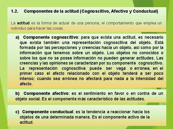  1. 2. Componentes de la actitud (Cognoscitivo, Afectivo y Conductual) La actitud es