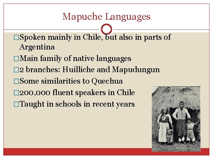 Mapuche Languages �Spoken mainly in Chile, but also in parts of Argentina �Main family