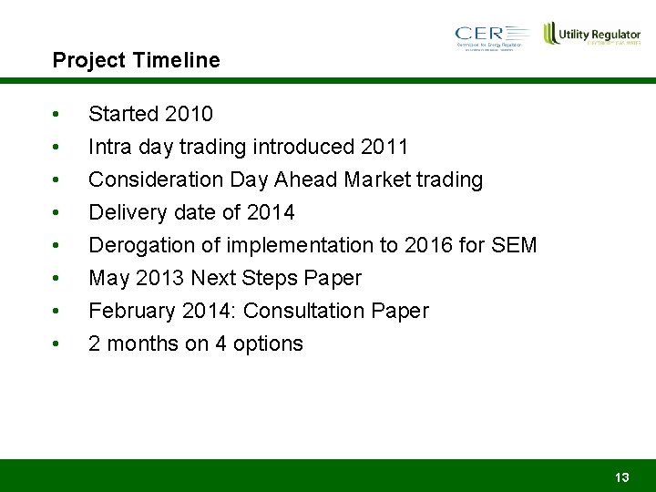 Project Timeline • • Started 2010 Intra day trading introduced 2011 Consideration Day Ahead