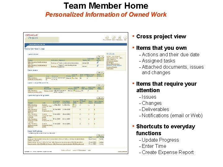 Team Member Home Personalized Information of Owned Work • Cross project view • Items