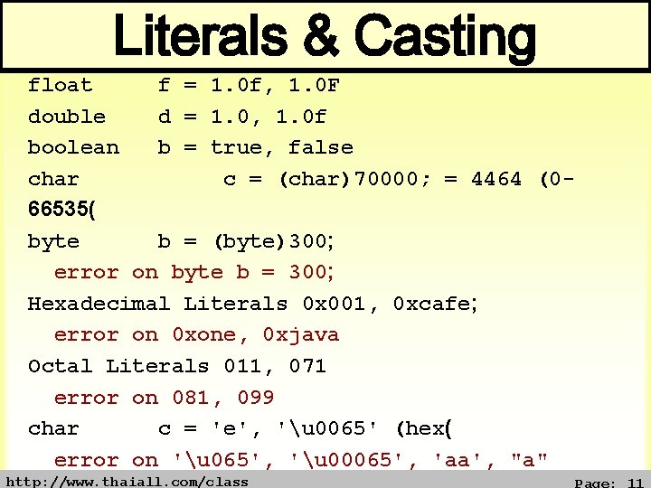 Literals & Casting float f = 1. 0 f, 1. 0 F double d