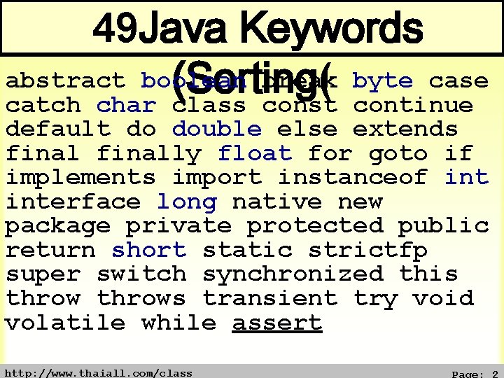 49 Java Keywords abstract boolean break byte case (Sorting( catch char class const continue