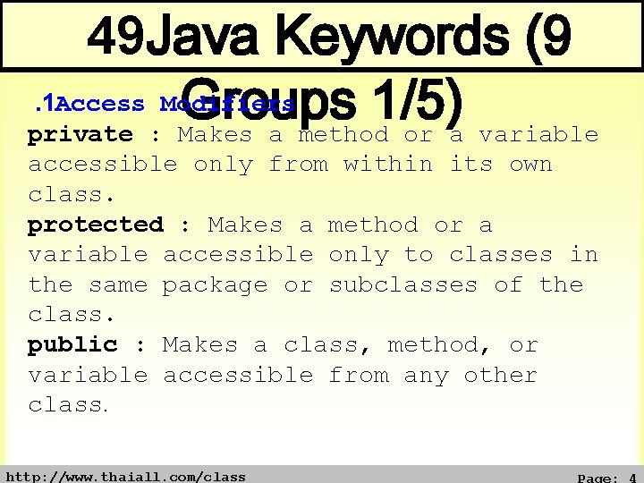 49 Java Keywords (9. 1 Access Modifiers Groups 1/5) private : Makes a method