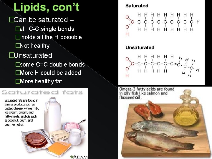 Lipids, con’t �Can be saturated – �all C-C single bonds � holds all the