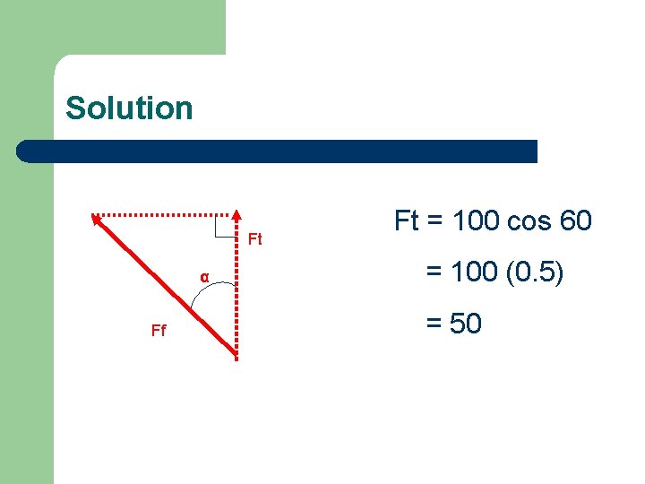 Solution Ft α Ff Ft = 100 cos 60 = 100 (0. 5) =