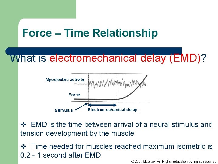 Force – Time Relationship What is electromechanical delay (EMD)? Myoelectric activity Force Stimulus Electromechanical