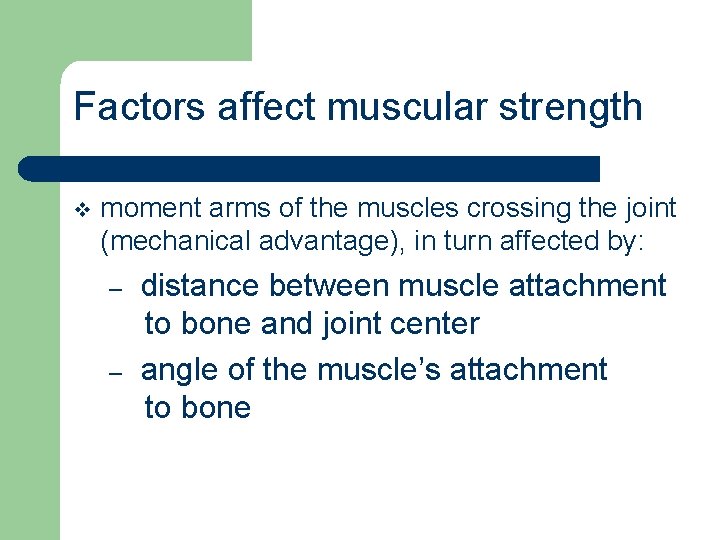 Factors affect muscular strength v moment arms of the muscles crossing the joint (mechanical