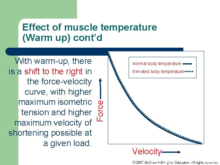 Effect of muscle temperature (Warm up) cont’d Normal body temperature Elevated body temperature Force
