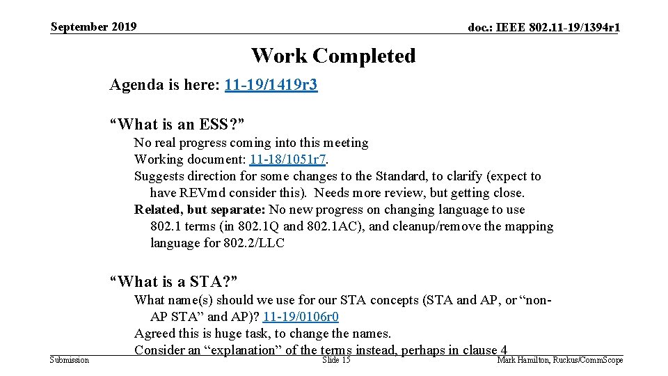 September 2019 doc. : IEEE 802. 11 -19/1394 r 1 Work Completed Agenda is