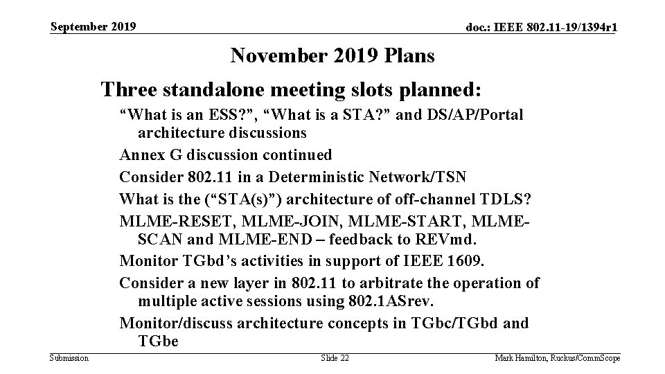 September 2019 doc. : IEEE 802. 11 -19/1394 r 1 November 2019 Plans Three