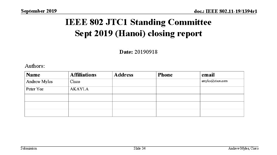 September 2019 doc. : IEEE 802. 11 -19/1394 r 1 IEEE 802 JTC 1