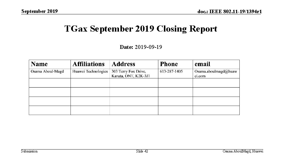 September 2019 doc. : IEEE 802. 11 -19/1394 r 1 TGax September 2019 Closing