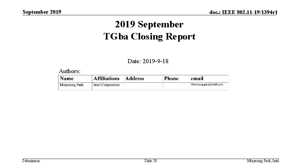 September 2019 doc. : IEEE 802. 11 -19/1394 r 1 2019 September TGba Closing