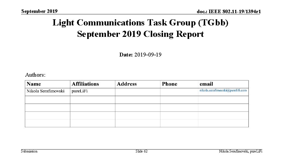 September 2019 doc. : IEEE 802. 11 -19/1394 r 1 Light Communications Task Group