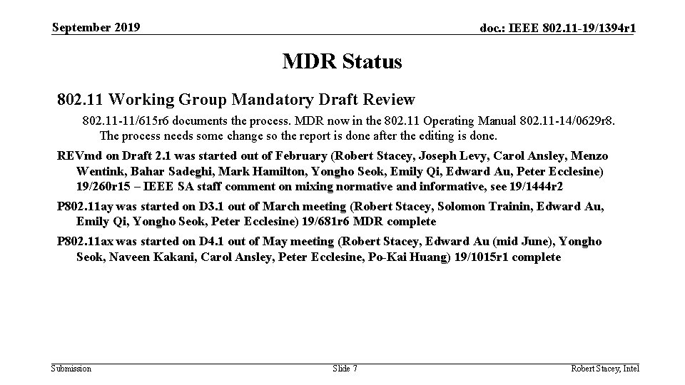 September 2019 doc. : IEEE 802. 11 -19/1394 r 1 MDR Status 802. 11