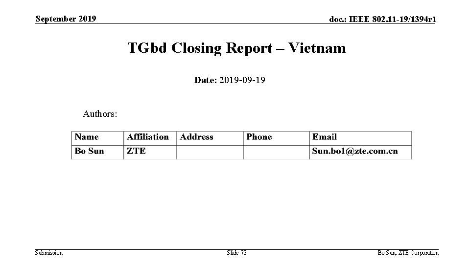 September 2019 doc. : IEEE 802. 11 -19/1394 r 1 TGbd Closing Report –