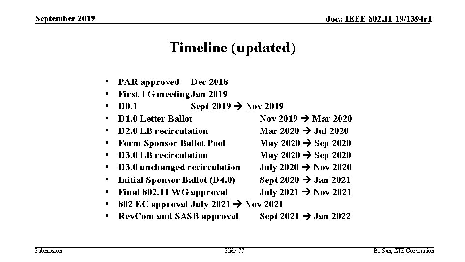 September 2019 doc. : IEEE 802. 11 -19/1394 r 1 Timeline (updated) • •