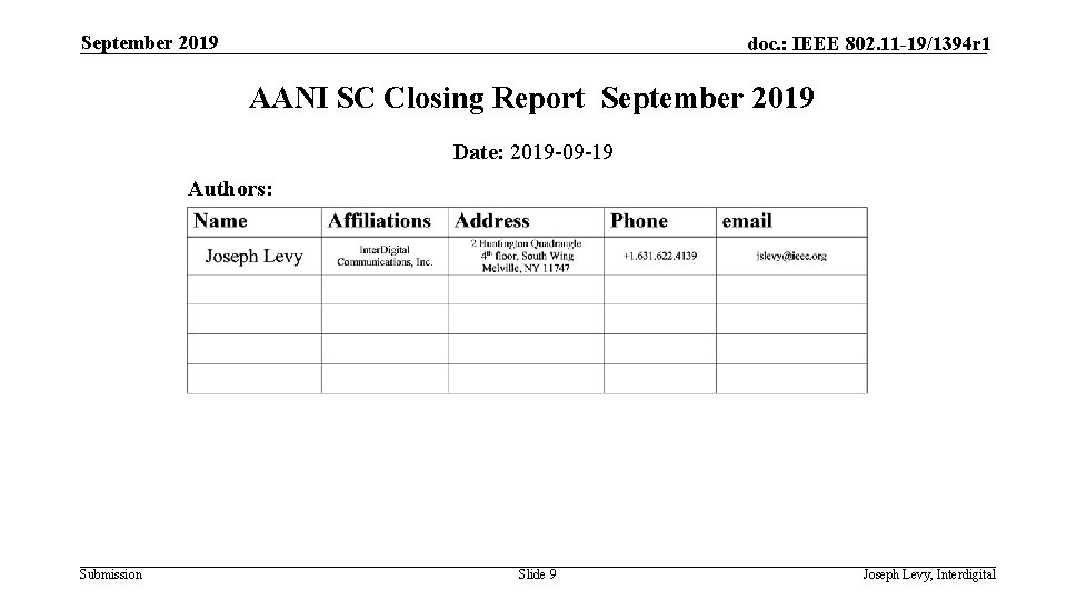 September 2019 doc. : IEEE 802. 11 -19/1394 r 1 AANI SC Closing Report